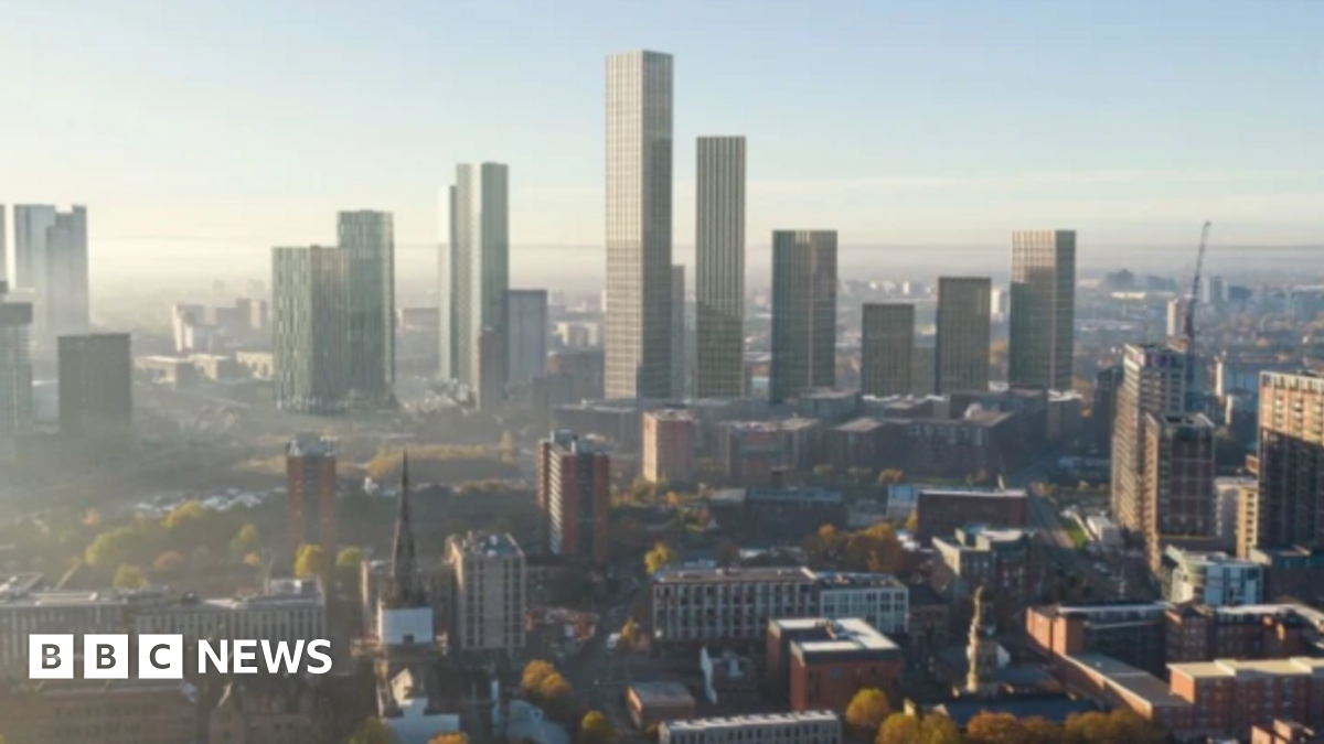 An artist's impression of the tower, standing tall amid a general shot of the Greater Manchester skyline