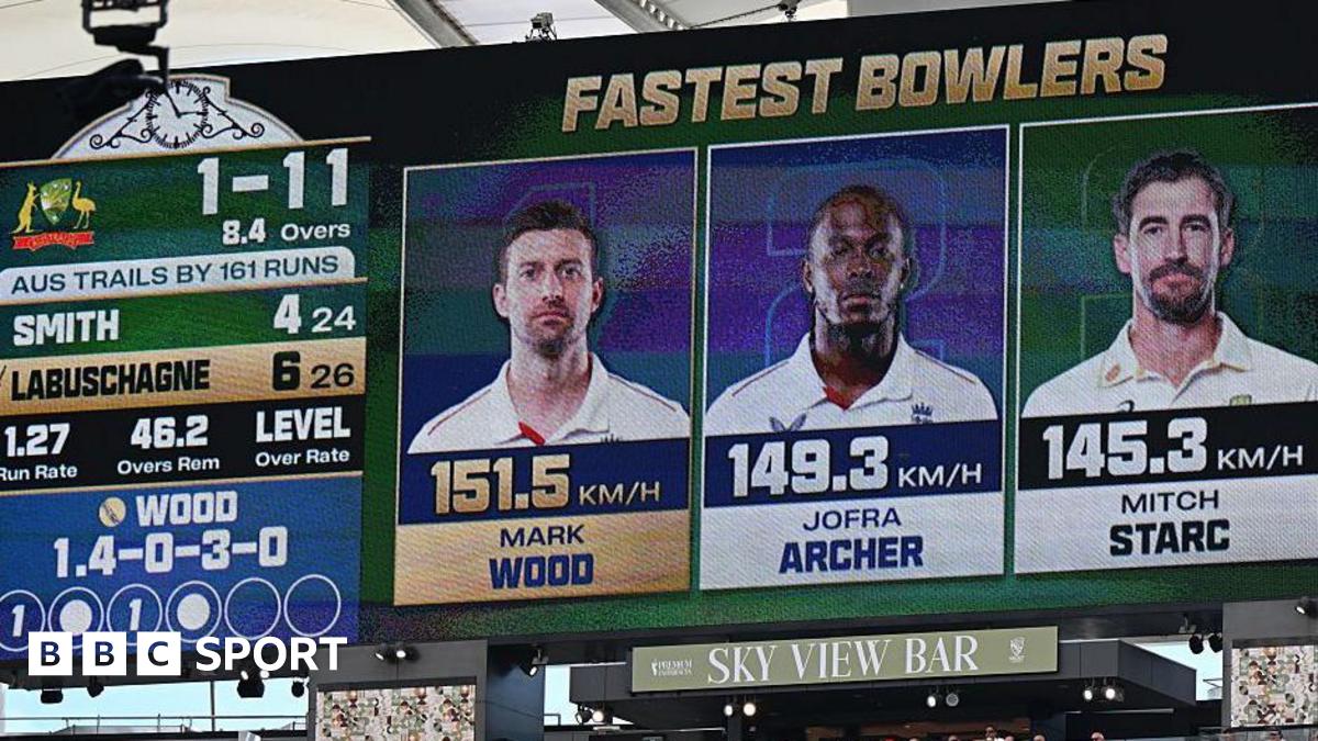 The scoreboard shows the fastest bowlers in the match during day one of the first 2025/26 Ashes Series Test Match between Australia and England at Perth Stadium