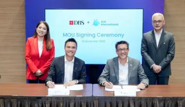 (From left to right) Ms Tan Su Shan, CEO of DBS; Mr Loy Hwee Chuan, segment head of telecommunications, media & tech, DBS; Mr Edward Yue, Alipay+ general manager, Ant International; and Mr Yang Peng, CEO of Ant International.