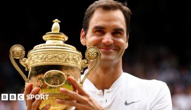Roger Federer holds the Wimbledon men's singles trophy