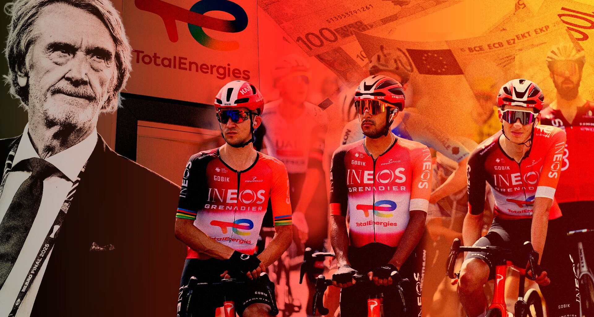 A collage showing Sir Jim Ratcliffe and Ineos Grenadiers riders in the forefront, and TotalEnergies logo and cash in the background
