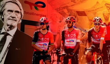 A collage showing Sir Jim Ratcliffe and Ineos Grenadiers riders in the forefront, and TotalEnergies logo and cash in the background