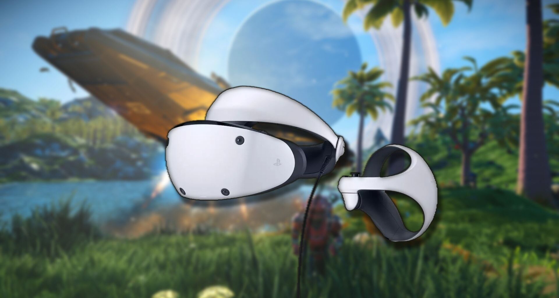 A PSVR 2 headset against a blurred background featuring a luscious alien planet