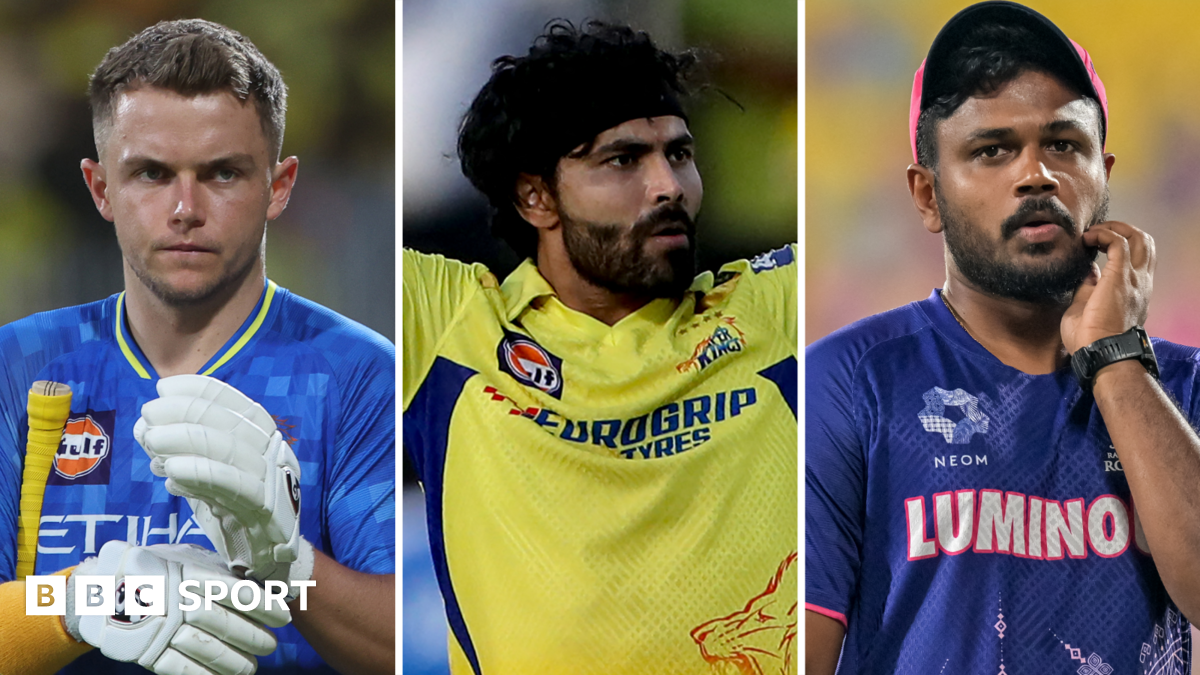 Split graphic of Sam Curran, Ravindra Jadeja and Sanju Samson