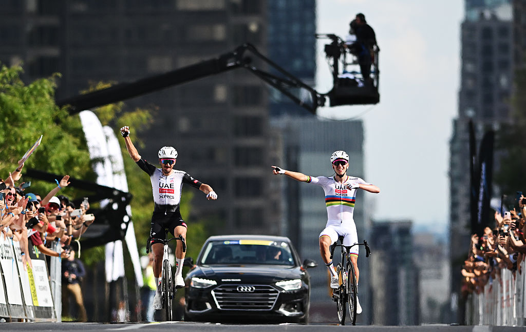 2025 Grand Prix de Montr&eacute;al: Tadej Pogačar crosses the line alongside teammate Brandon McNulty