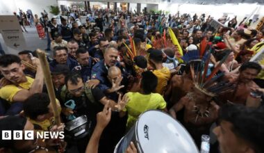 Protesters try to enter the COP30 venue in Brazil.