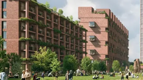 Henley Investments/Matt Brooks Architects An artist's impression of new flats, which are made out of brown bricks, with greenery-lined balconies, green space below and lots of trees and smiling people walking around.