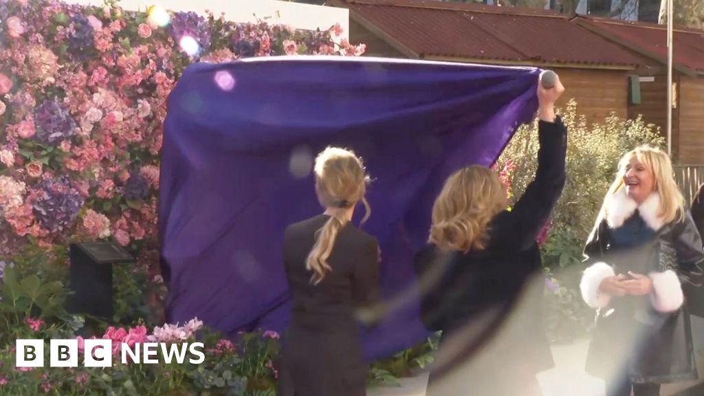 Bridget Jones statue under purple blanket