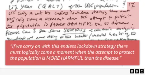 Hand-written note from Boris Johnson with the sentence highlighted saying: “If we carry on with this endless lockdown strategy there must logically come a moment when the attempt to protect the population is MORE HARMFUL than the disease."