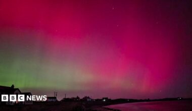 The Northern Lights lighting up the sky in pink and green colours. A number of homes are visible along a coast.