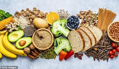 Foods rich in fibre include wholegrain breakfast cereals, beans and pulses, nuts and seeds, fruits and vegetables, wholewheat pasta, wholegrain bread and potatoes with the skin left on