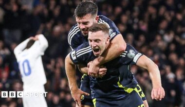 Scotland's Grant Hanley and Lewis Ferguson celebrate against Greece