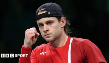 Zizou Bergs celebrates with a fist pump as Belgium beat France at the Davis Cup Finals