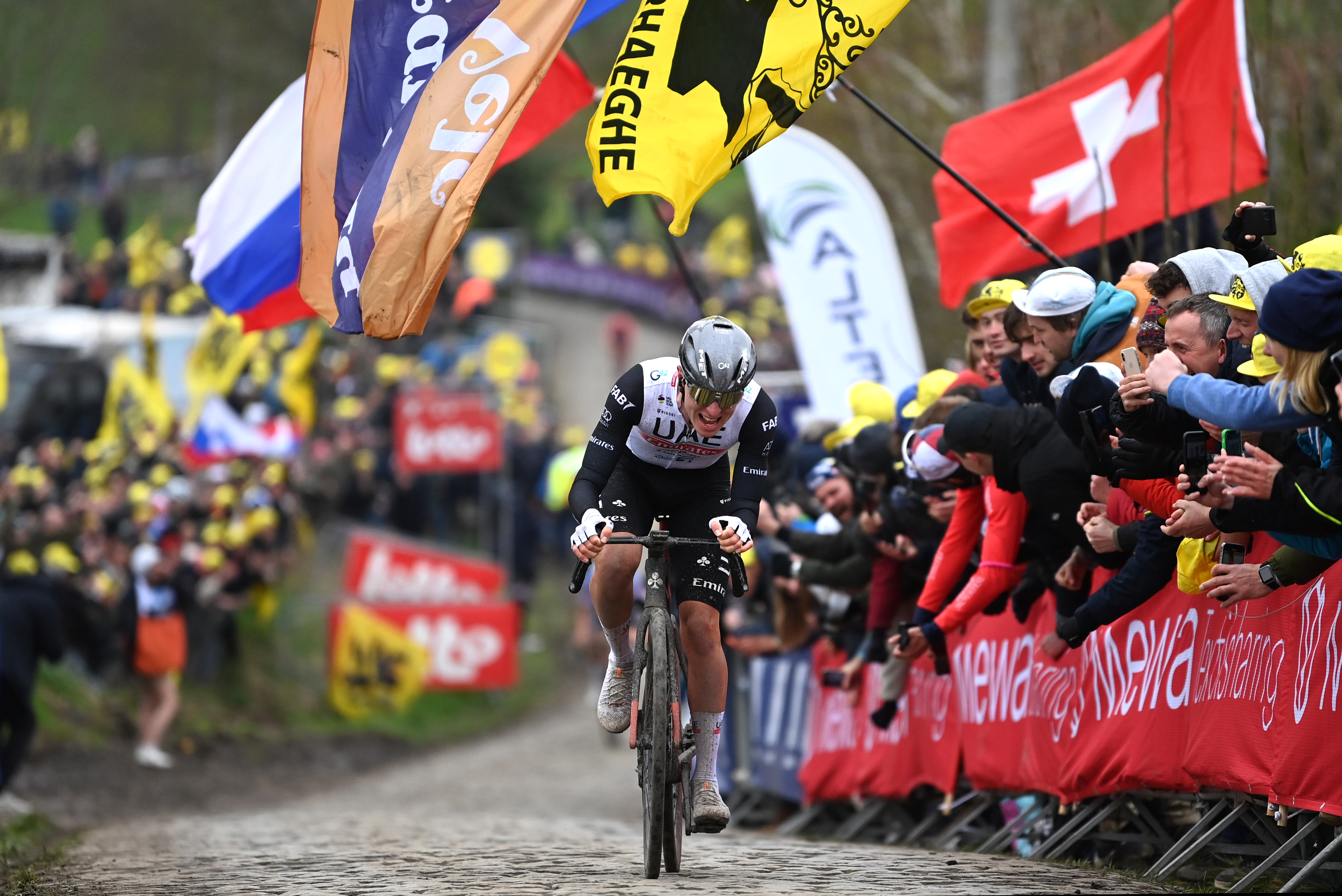 OUDENAARDE, BELGIUM - APRIL 02: Tadej Pogacar of Slovenia and UAE Team Emirates competes at Paterberg cobblestones sector during the 107th Ronde van Vlaanderen - Tour des Flandres 2023, Men&amp;apos;s Elite a 273.4km one day race from Brugge to Oudenaarde / #UCIWT / on April 02, 2023 in Brugge, Belgium. (Photo by Tim de Waele/Getty Images)