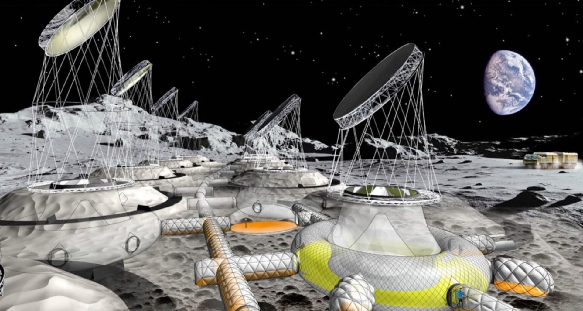 An illustration showing inflatable ringed bases on the surface of the moon, with wires poking out of the top attached to satellite dishes with the Earth in the background
