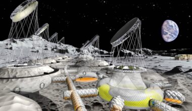 An illustration showing inflatable ringed bases on the surface of the moon, with wires poking out of the top attached to satellite dishes with the Earth in the background