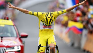 ISOLA 2000, FRANCE - JULY 19: Tadej Pogacar of Slovenia and UAE Team Emirates - Yellow Leader Jersey celebrates at finish line as stage winner during the 111th Tour de France 2024, Stage 19 a 144.6km stage from Embrun to Isola 2000 - (2022m) / #UCIWT / on July 19, 2024 in Isola 2000, France. (Photo by Dario Belingheri/Getty Images)