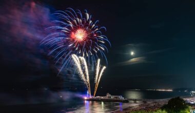 Bournemouth at night with a fireworks display from the pier