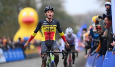 Belgian Thibau Nys celebrates as he crosses the finish line to win the men elite race of the 'Flandriencross' cyclocross cycling event, stage 3/8 in the 'X20 Badkamers Trofee' competition, Sunday 16 November 2025 in Hamme.BELGA PHOTO DAVID PINTENS (Photo by DAVID PINTENS / BELGA MAG / Belga via AFP)