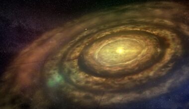 A glowing white star is surrounded by rings of gas and dust creating a protoplanetary disk