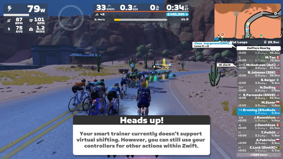Pop-up message on Zwift showing virtual shifting is not supported with the Elite Rivo over WiFi