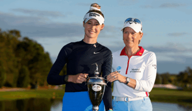 Nelly Korda and Annika Sorenstam pose with The Annika trophy after the former's win in 2024