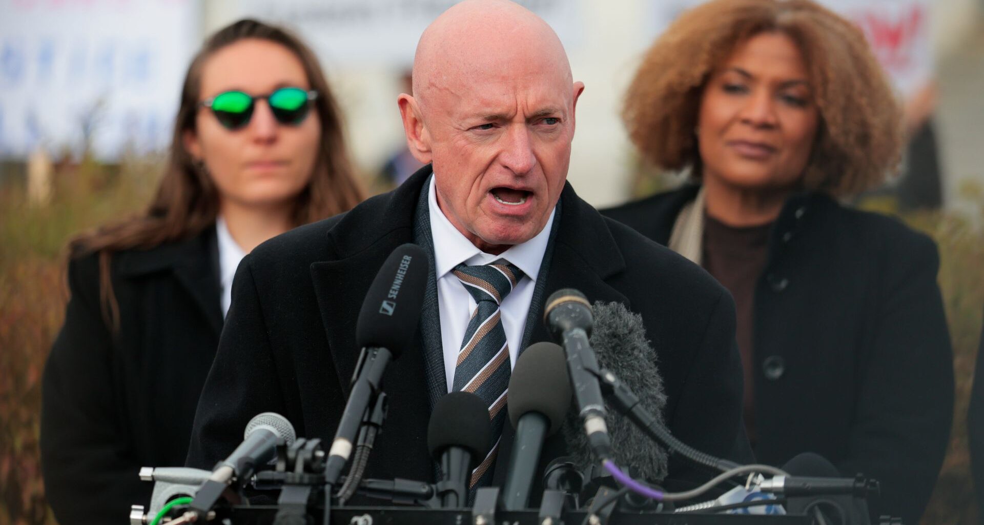 U.S. Sen. Mark Kelly (D-Ariz.) speaks during a news conference on the &ldquo;Epstein Files" outside the U.S. Capitol on Nov. 18, 2025 in Washington, D.C.