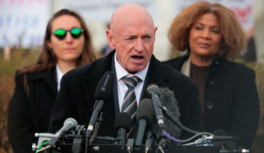 U.S. Sen. Mark Kelly (D-Ariz.) speaks during a news conference on the &ldquo;Epstein Files" outside the U.S. Capitol on Nov. 18, 2025 in Washington, D.C.