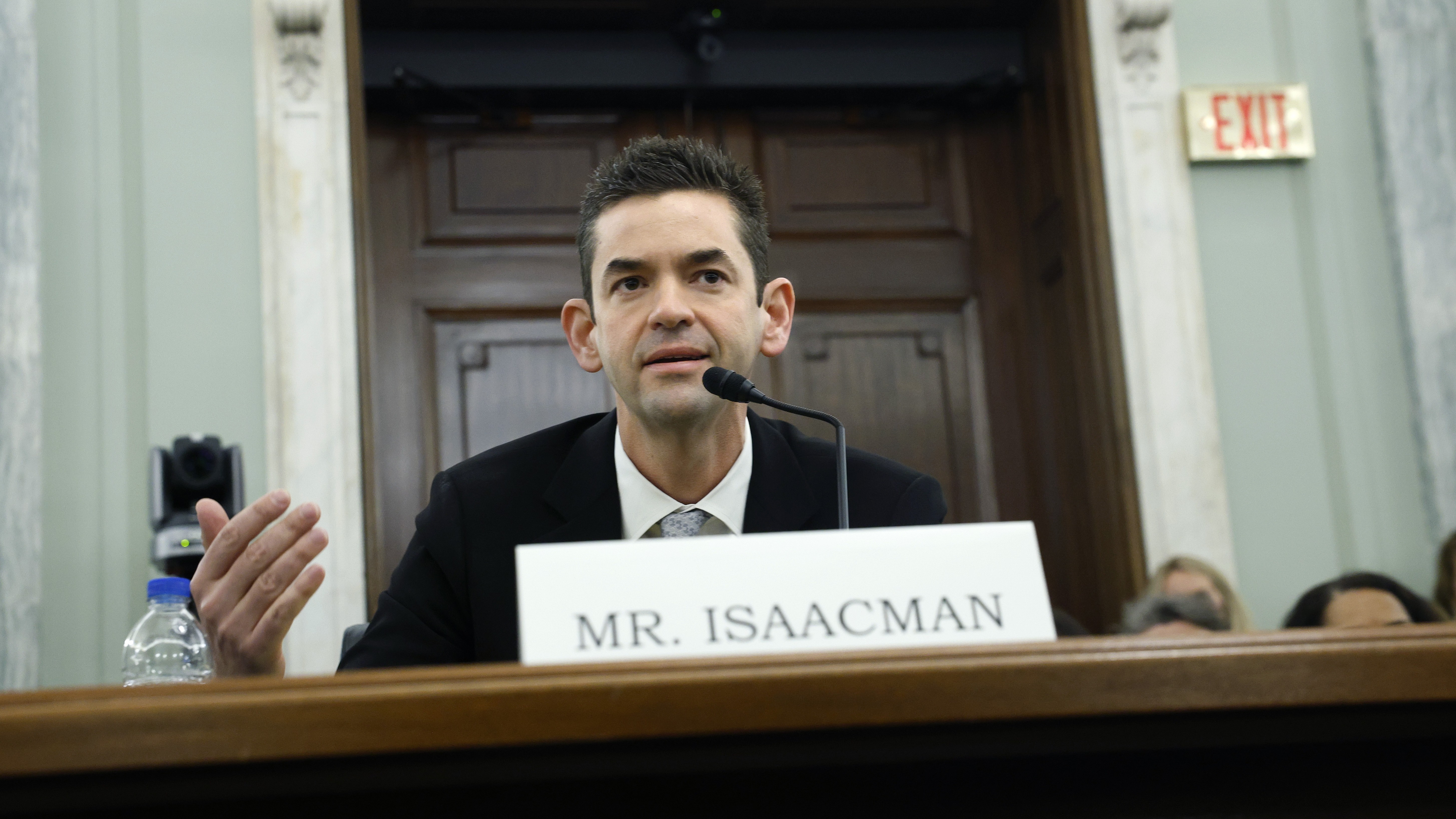 Isaacman testifying during a Senate Commerce, Science, and Transportation Committee confirmation hearing on April 9, 2025
