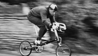 British cyclist John Woodburn (1936 - 2017), the national 25-mile champion in 1961, testing a Moulton Mini bike for speed, November 2nd 1962. (Photo by Daily Express/Pictorial Parade/Archive Photos/Getty Images)