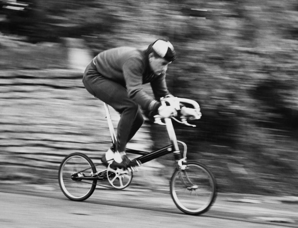 British cyclist John Woodburn (1936 - 2017), the national 25-mile champion in 1961, testing a Moulton Mini bike for speed, November 2nd 1962. (Photo by Daily Express/Pictorial Parade/Archive Photos/Getty Images)