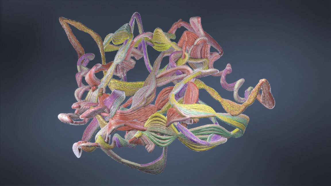 a blueish grey background with a single, thick, multicolored ribbon in the foreground. The ribbon traces a complicated 3D shape that's meant to represent the structure of a protein.