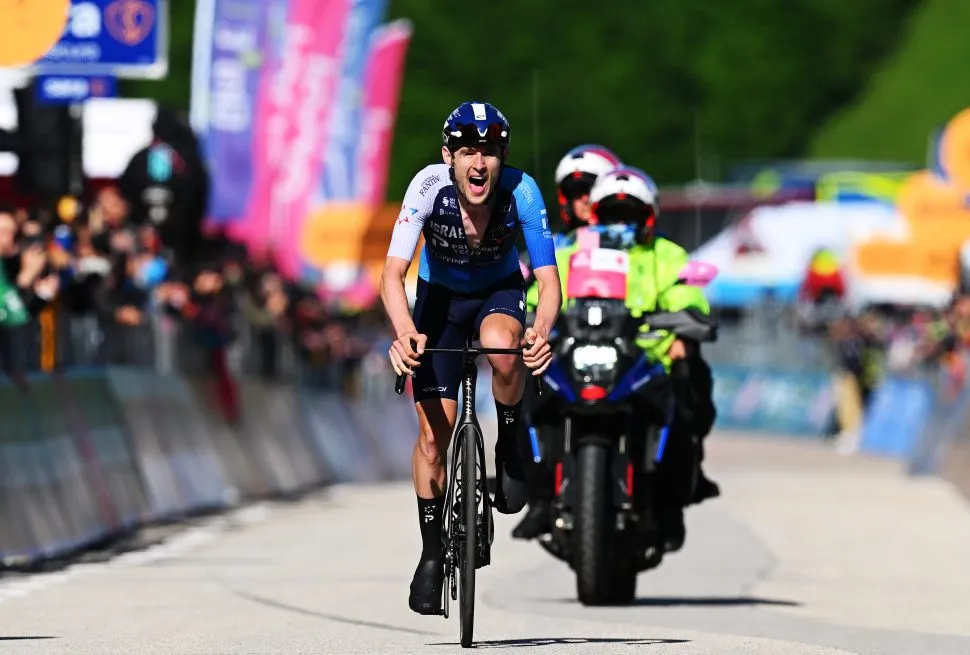 SAN VALENTINO, ITALY - MAY 27: Derek Gee of Canada and Team Israel - Premier Tech crosses the finish line during the 108th Giro d'Italia 2025, Stage 16 a 203km stage from Piazzola sul Brenta to San Valentino (Brentonico) 1316m / #UCIWT / on May 27, 2025 in San Valentino, Italy. (Photo by Tim de Waele/Getty Images)