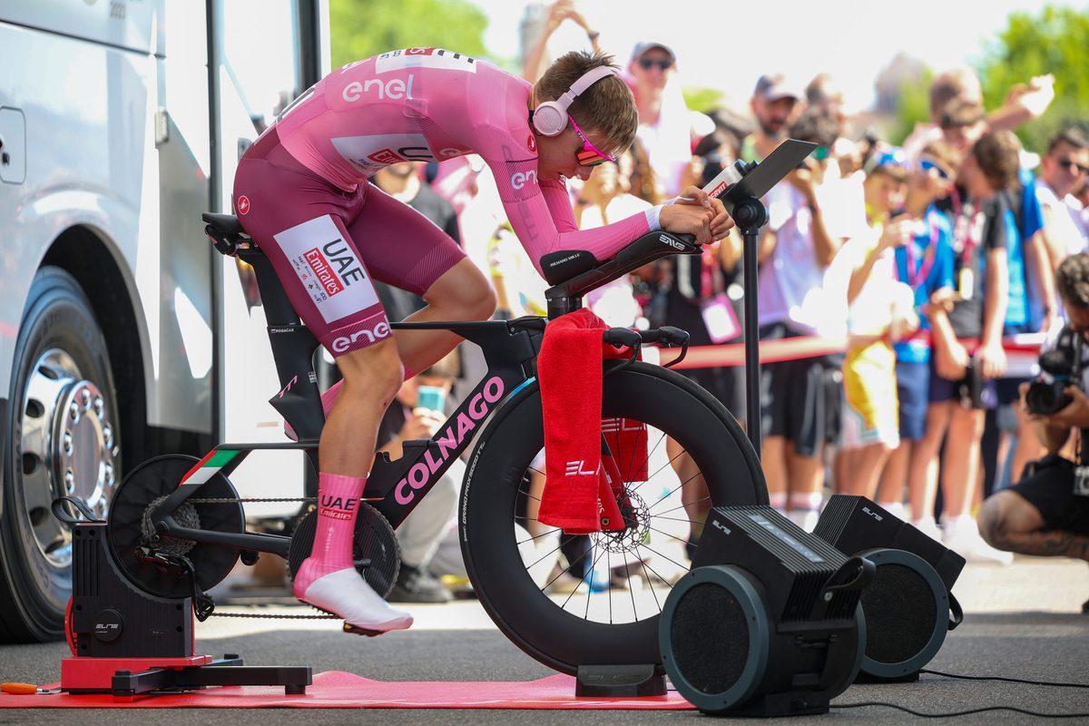 DESENZANO DEL GARDA, ITALY - MAY 18: Tadej Pogacar of Slovenia and UAE Team Emirates and Pink Leader Jersey warms up during the 107th Giro d