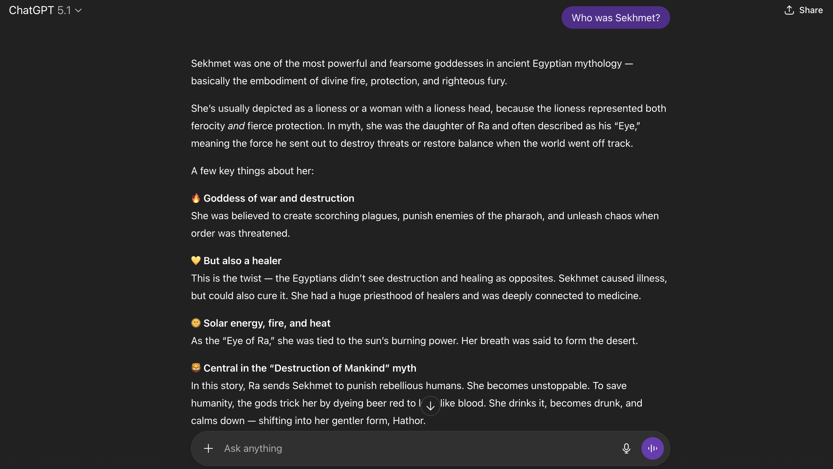 A screenshot of the ChatGPT interface with the query who was sekhmet
