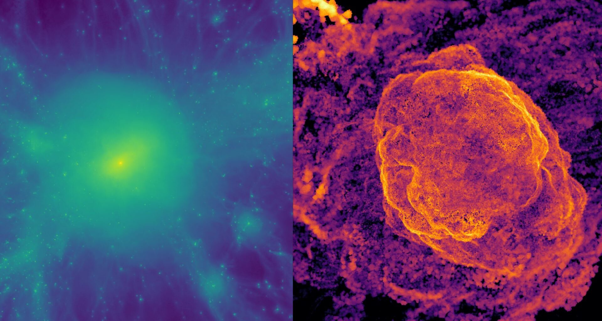 A comparison of a blue and green colored image with a ball of green light in the middle on the left and a purple and yellow image with an orange cloud on the right