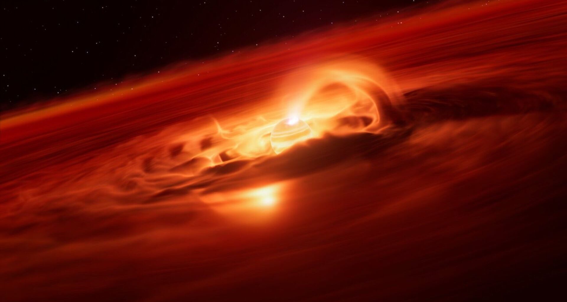 An illustration of a rogue planet with swirling red clouds of matter around it