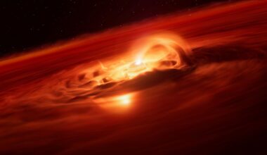 An illustration of a rogue planet with swirling red clouds of matter around it