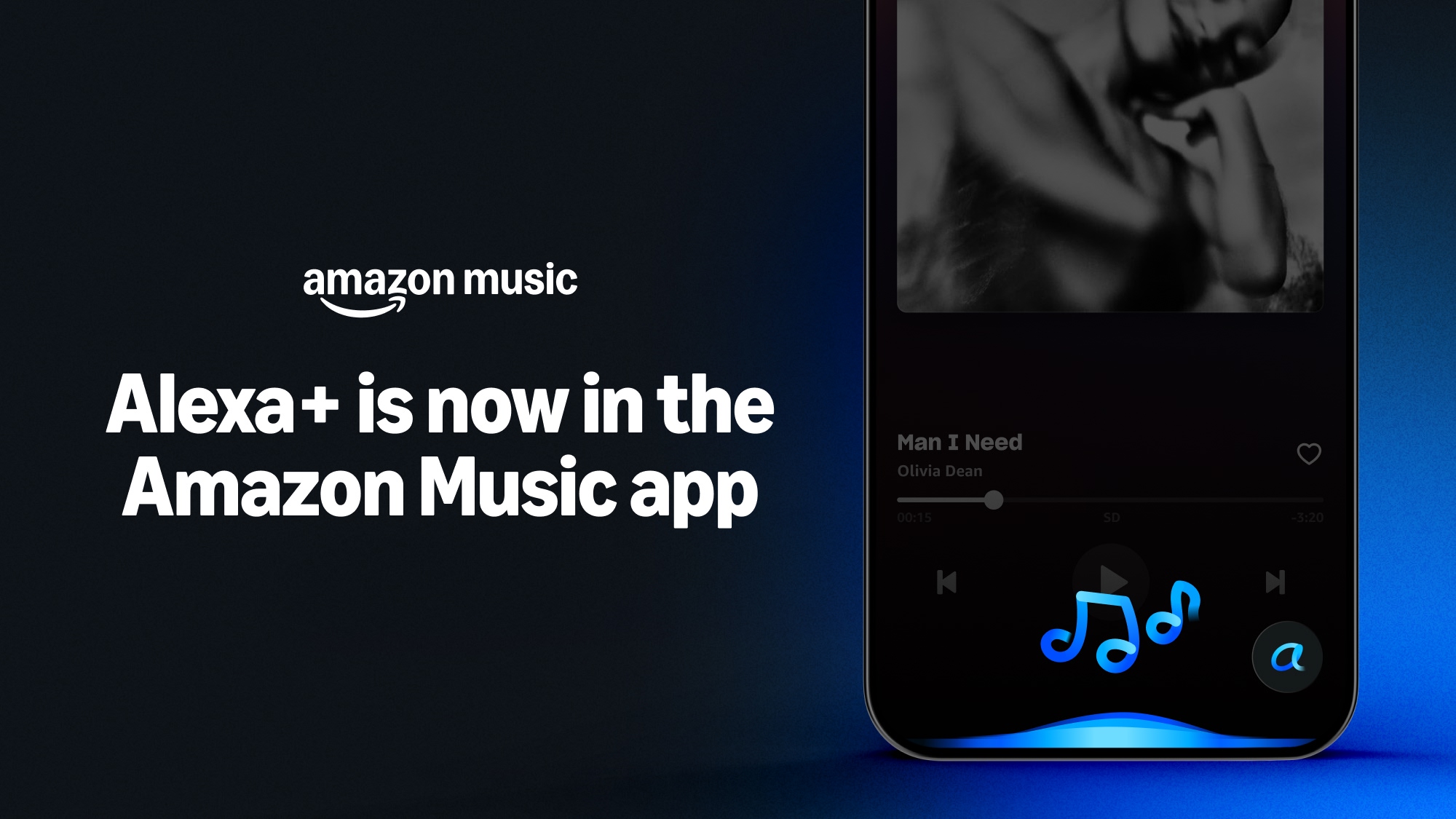 Amazon Music's Alexa+ app integration poster, showing a blue smartphone screen with musical notes