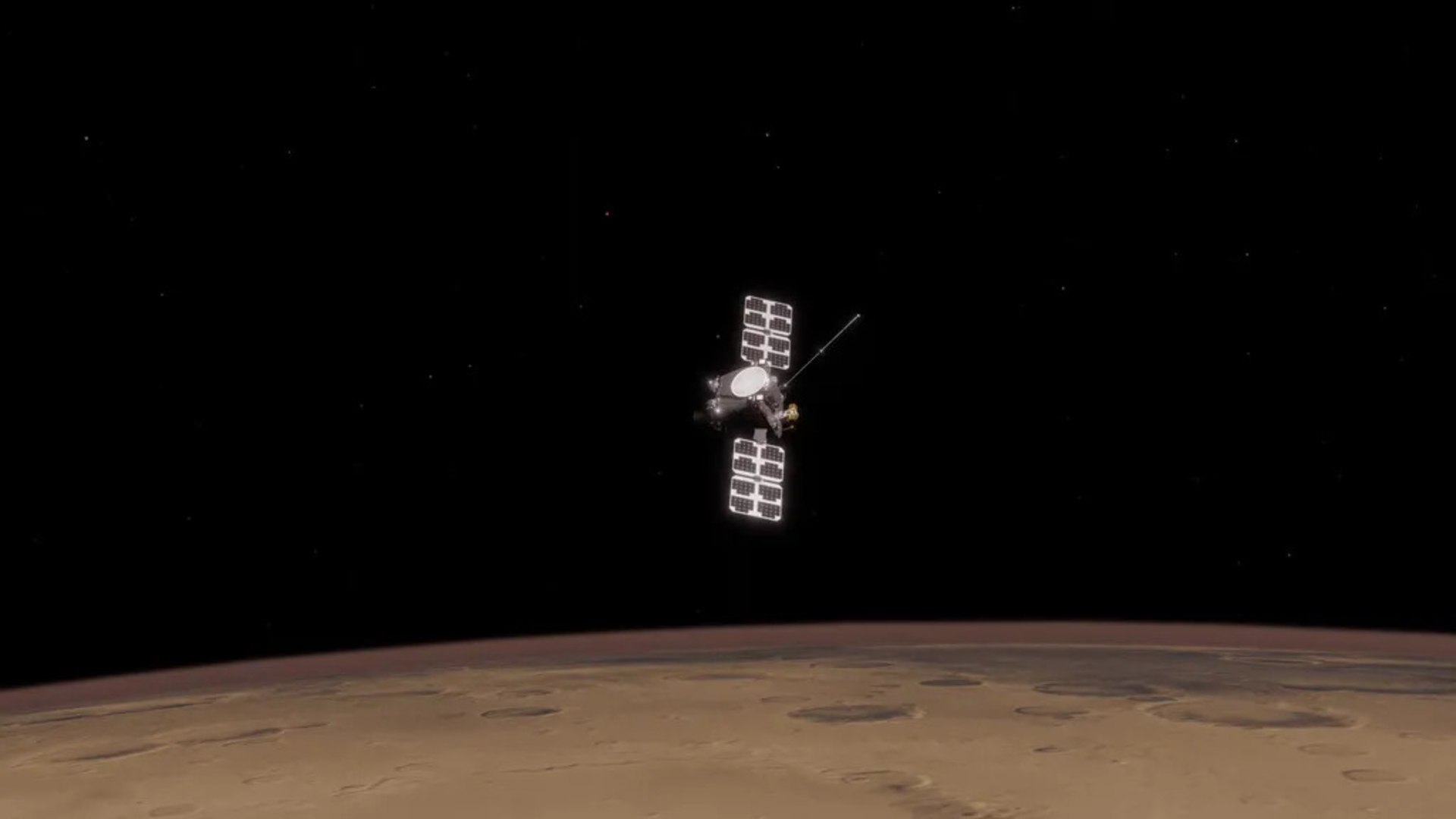 An illustration of a boxy satellite with solar panels floating above the red surface of Mars.