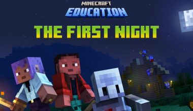 Two Minecraft characters stand under a bright moon, one holding a torch beside a robot-like character, with a village and mobs in the background