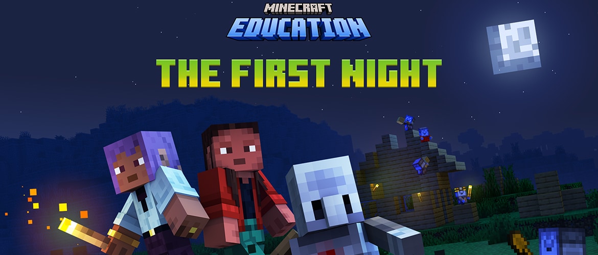 Two Minecraft characters stand under a bright moon, one holding a torch beside a robot-like character, with a village and mobs in the background