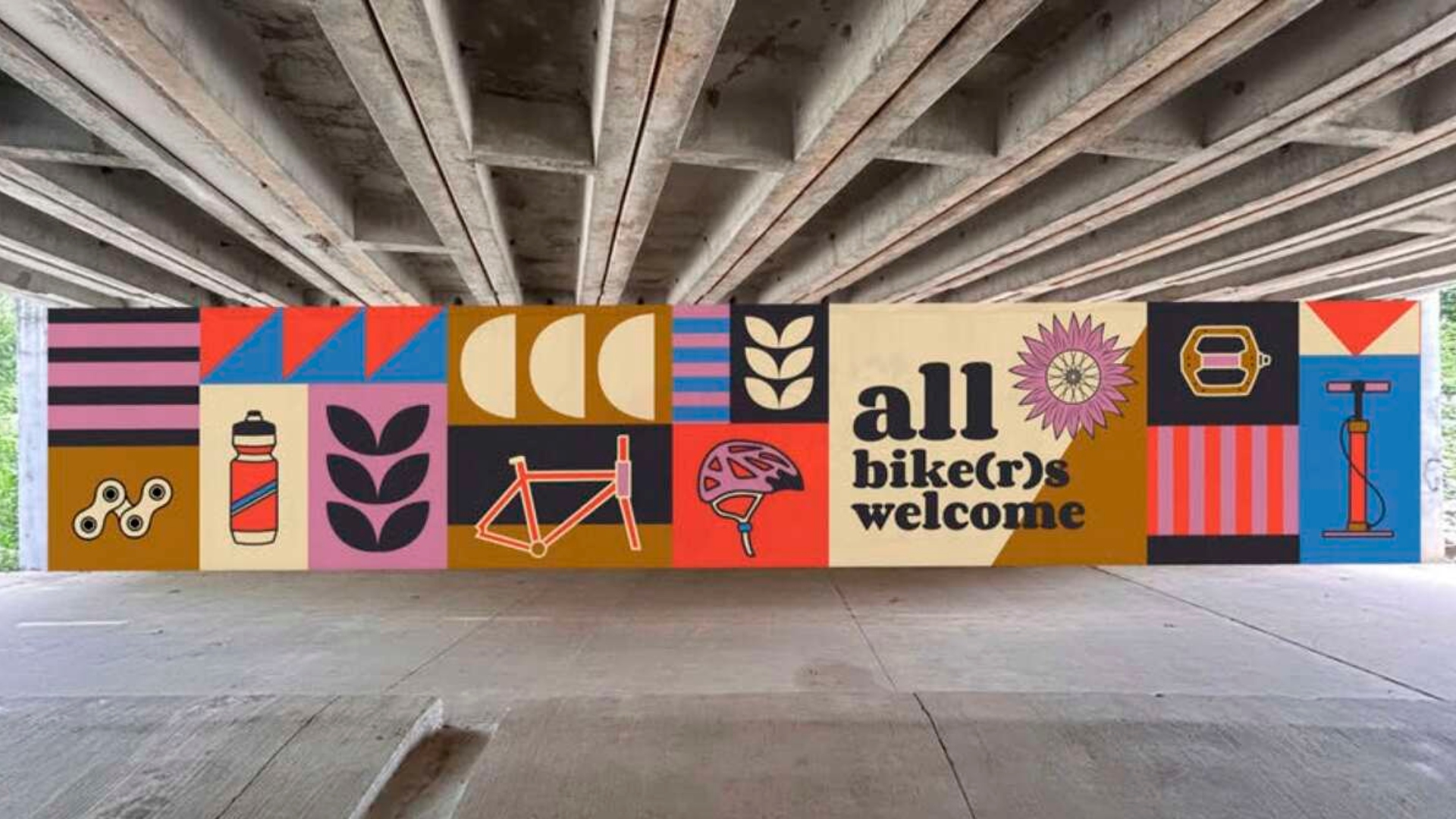 The all bike(r)s welcome mural in Bentonville, Arkansas