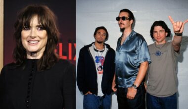 Winona Ryder at the Stranger Things premiere and Primus posing backstage in 1997