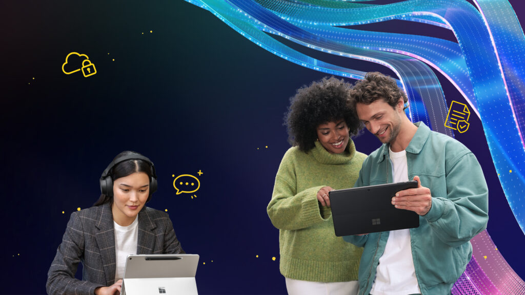 An image of two people sharing a tablet and another working to their left, against a background of dark blue with wavy lighter blue lines in the right corner.