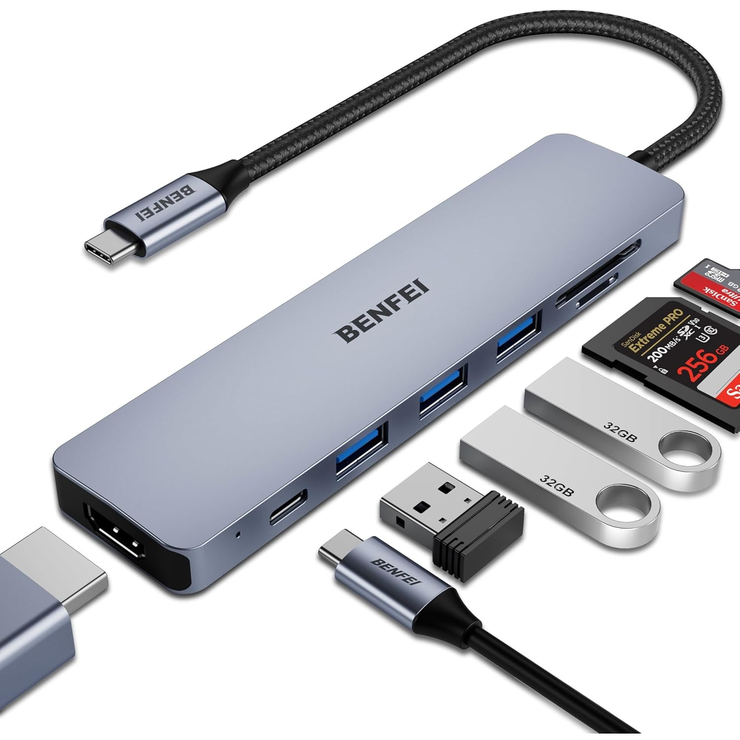 BENFEI USB-C HUB 7-in-1 with HDMI (4K@60Hz), 100W Power Delivery, 3 USB 3.0 ports, and SD/TF Card Reader (160MB/s)