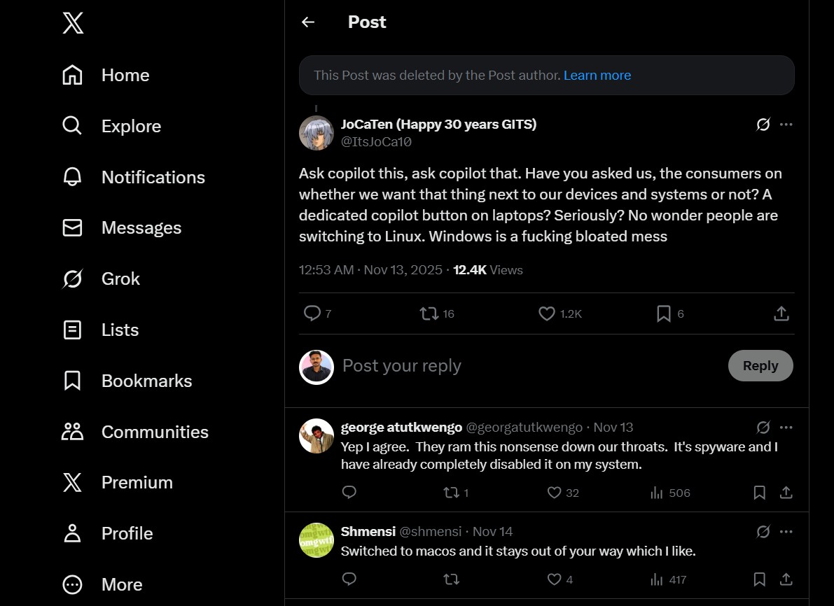 People responding to the now deleted Copilot Ad