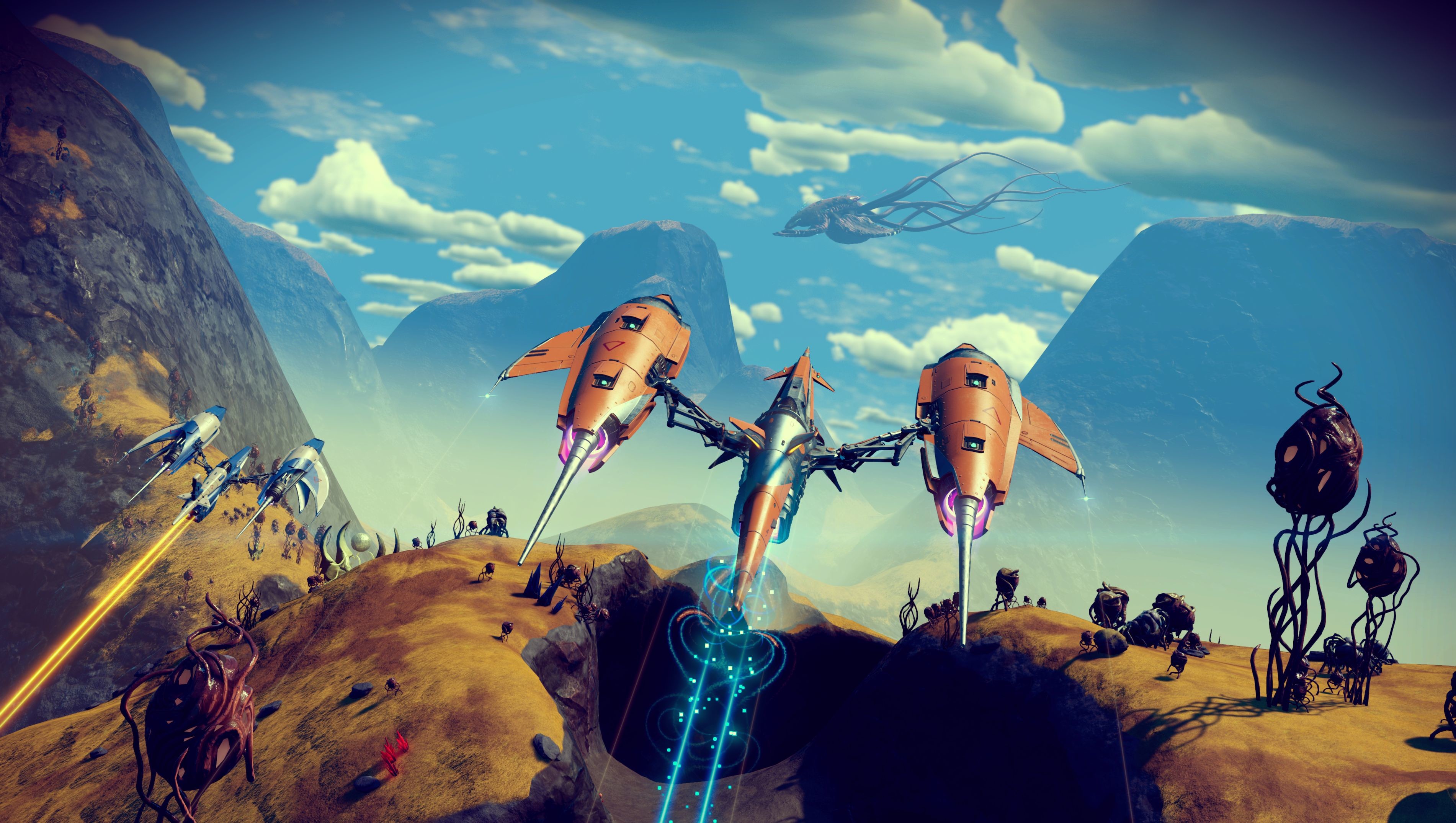 best survival games: two spaceships launch into the sky of an alien planet