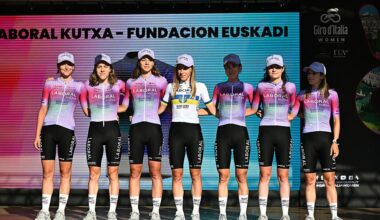 BERGAMO, ITALY - JULY 05: Ane Santesteban of Spain, Naia Amondarain of Spain, Alice Maria Arzuffi of Italy, Yuliia Biriukova of Ukraine, Arianna Fidanza of Italy, Usoa Ostolaza of Spain, Laura Tomasi of Italy and Team Laboral Kutxa - Fundacion Euskadi during the team presentation prior to the 36th Giro d&amp;apos;Italia Women 2025 / #UCIWWT / on July 05, 2025 in Bergamo, Italy. (Photo by Luc Claessen/Getty Images)