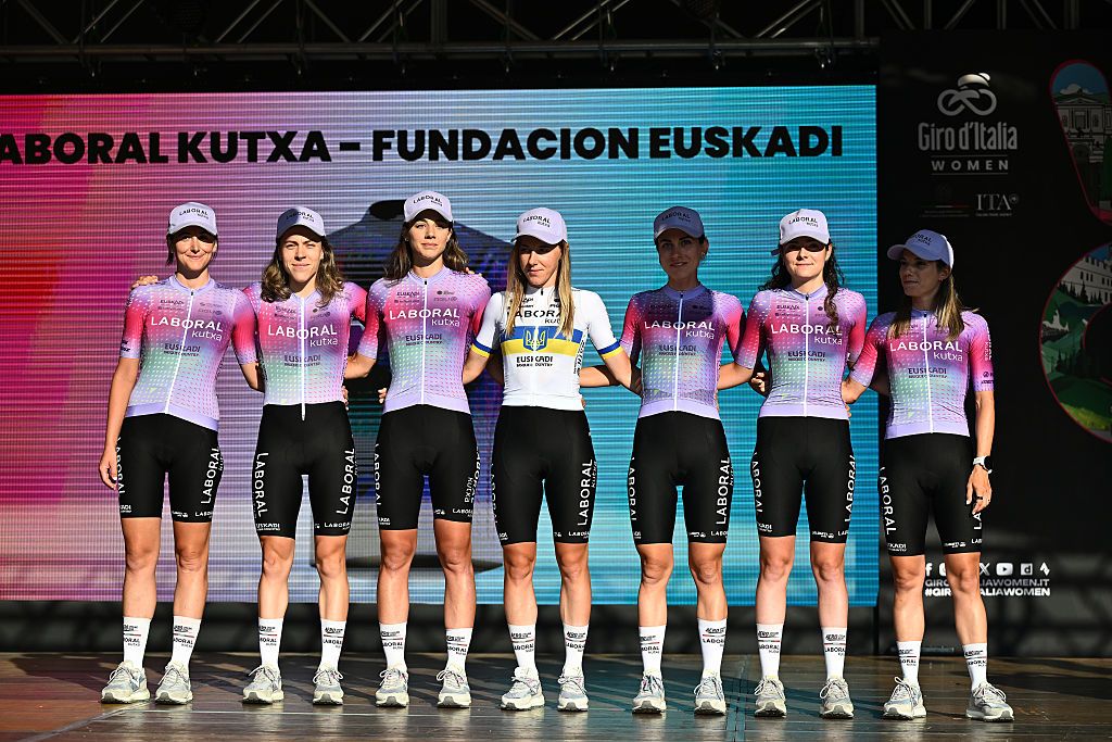 BERGAMO, ITALY - JULY 05: Ane Santesteban of Spain, Naia Amondarain of Spain, Alice Maria Arzuffi of Italy, Yuliia Biriukova of Ukraine, Arianna Fidanza of Italy, Usoa Ostolaza of Spain, Laura Tomasi of Italy and Team Laboral Kutxa - Fundacion Euskadi during the team presentation prior to the 36th Giro d&amp;apos;Italia Women 2025 / #UCIWWT / on July 05, 2025 in Bergamo, Italy. (Photo by Luc Claessen/Getty Images)